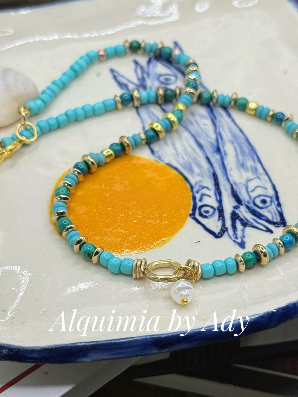 Turquoise Beaded Necklace with White baroque pearl charm